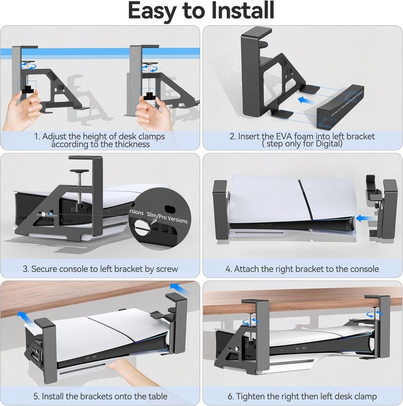 Kosker No-Drill PS5/Slim/Pro Under Desk Mount, Metal Under Desk PS 5 Mount for PS5 Slim Digital & Disc, PS 5 Holder Under Desk with Clamp, Screw and EVA Foam for PS 5/Slim/Pro Digital Console - Image 3